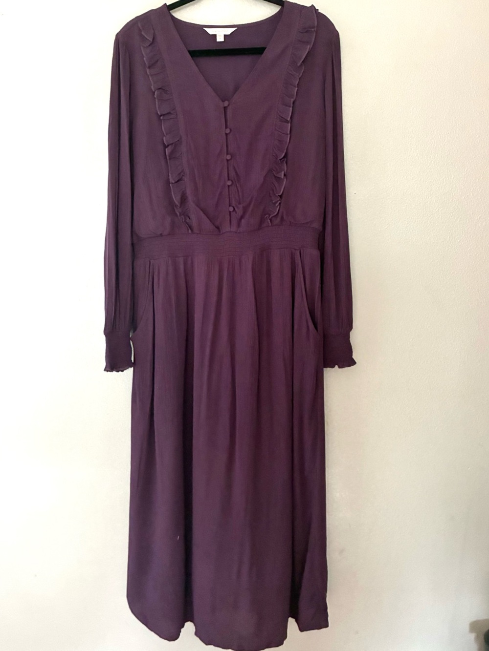 Garnet Hill Purple Midi Dress Womens Small Tencel Ruffle Boho Cottagecore